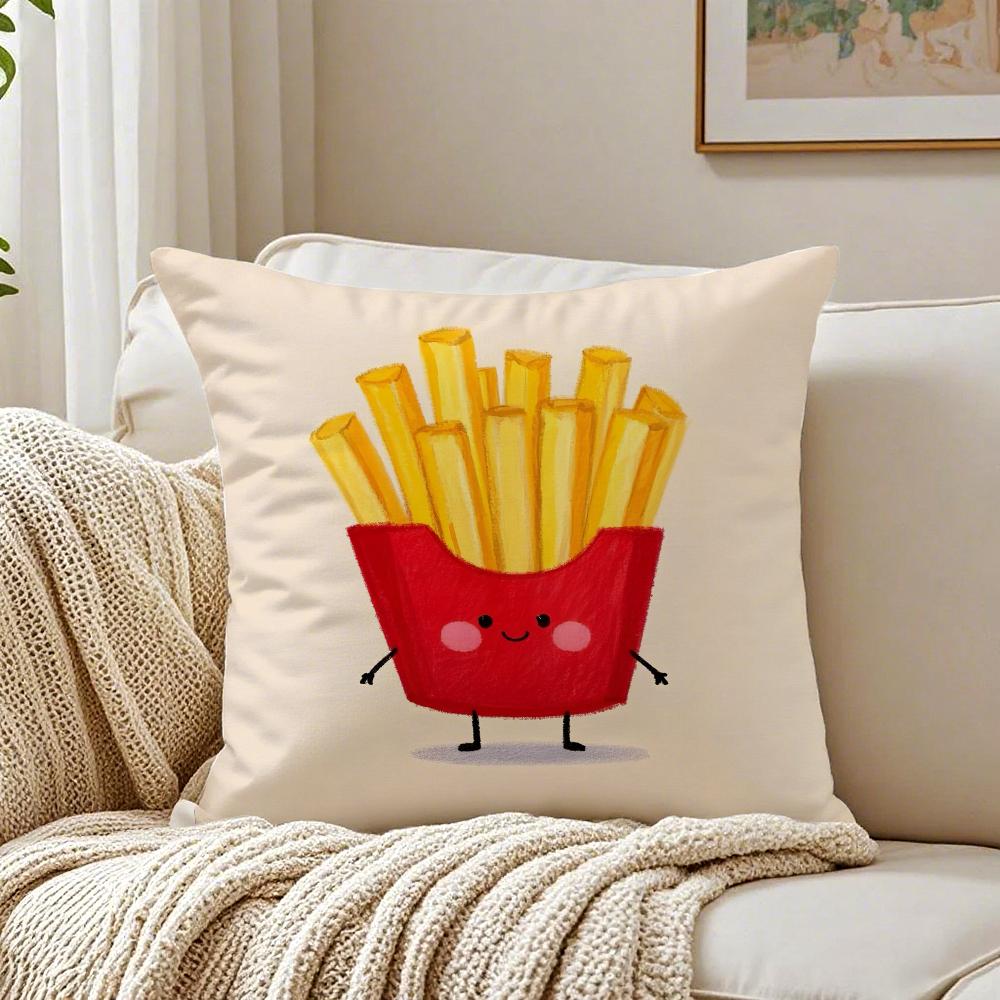 Cute Illustration of Hamburger Fries and Pizza Cushion Cover Pillowcase Antidustmite Living Room Sofa Decor Cushion Room