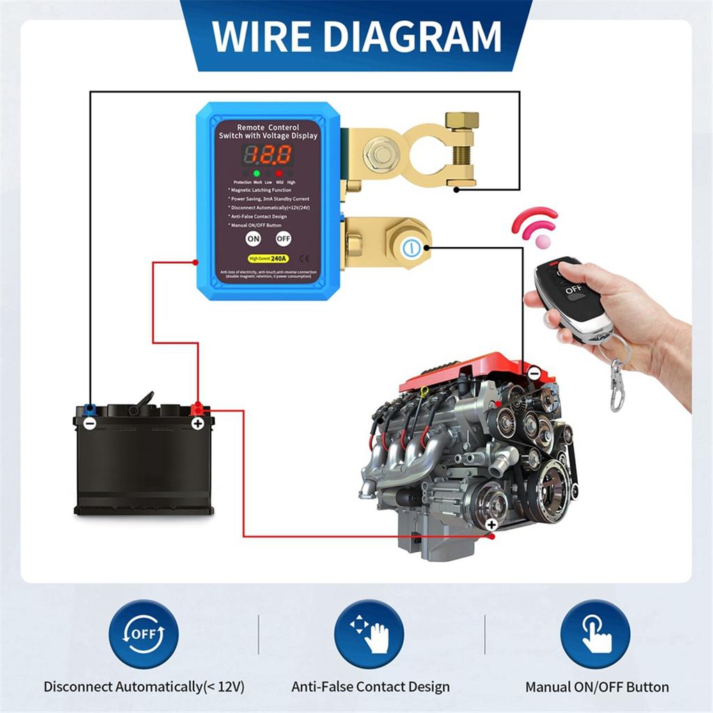 240A Switch 12V Remote Battery Disconnect Switch with Led Voltage Display Automatic Power Shut Off Switch for Auto