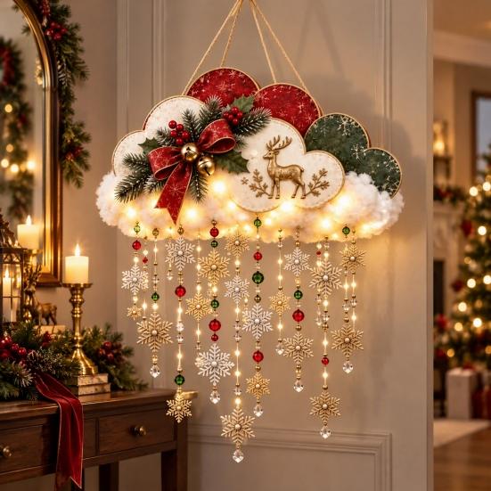 Christmas Party Supplies Vintage Lighted Snowfall Cloud, Cascading Snowflake Light with Reindeer/Angel, Winter Hanging Decor LED Holiday Lantern