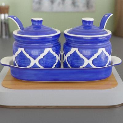(Set of 2) 220 ML Each Handcrafted Ceramic Pickle Jar/barni with Lid, Tray and Spoon Moroccan Blue