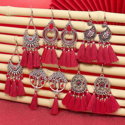 Vintage Style Red Series Earrings Combation Set Boho Zircon Red Tassel Design For Women Party Wedding As Gifts