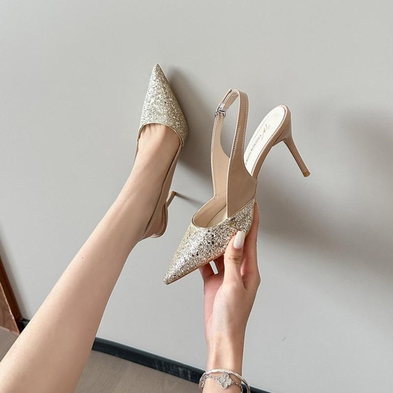 2026 Spring Summer United States New Pointed Sandals Sequins Shallow Mouth Stiletto Rear Strap High Heels Fashion Women's Shoes