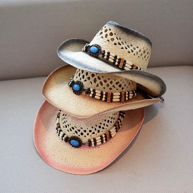 202602-2509340 ins chic summer western cowboy paper grass Vintage Bohemian Bead fedoras hat Outdoor men women panama jazz cap