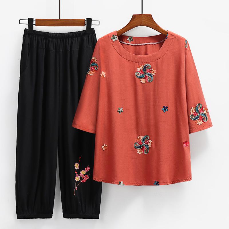 Summer Two-Piece Set Short-Sleeved Embroidered T-Shirt Top Ankle-Length Pants Women Suits Mothes Clothes XL-6XL