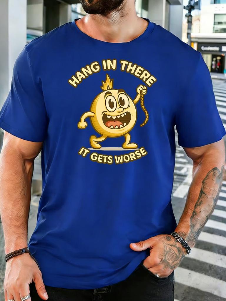 Unisex Dark Gray Crew Neck Tee Hang In There It Gets Worse Cartoon Yellow Flame Head Character Funny Sarcasm Soft Cotton Casual Top