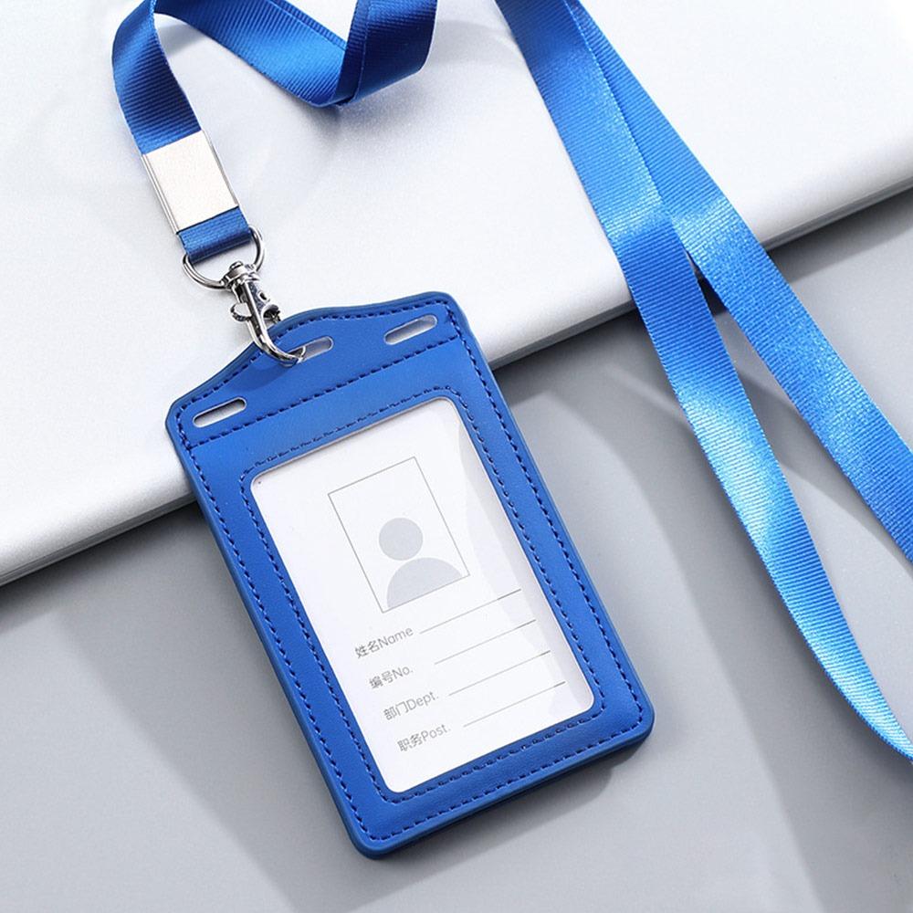 High Quality PU Leather Work Card Holder With Neck Lanyard Solid Color ID Card Cover Chest Cards Cases Business