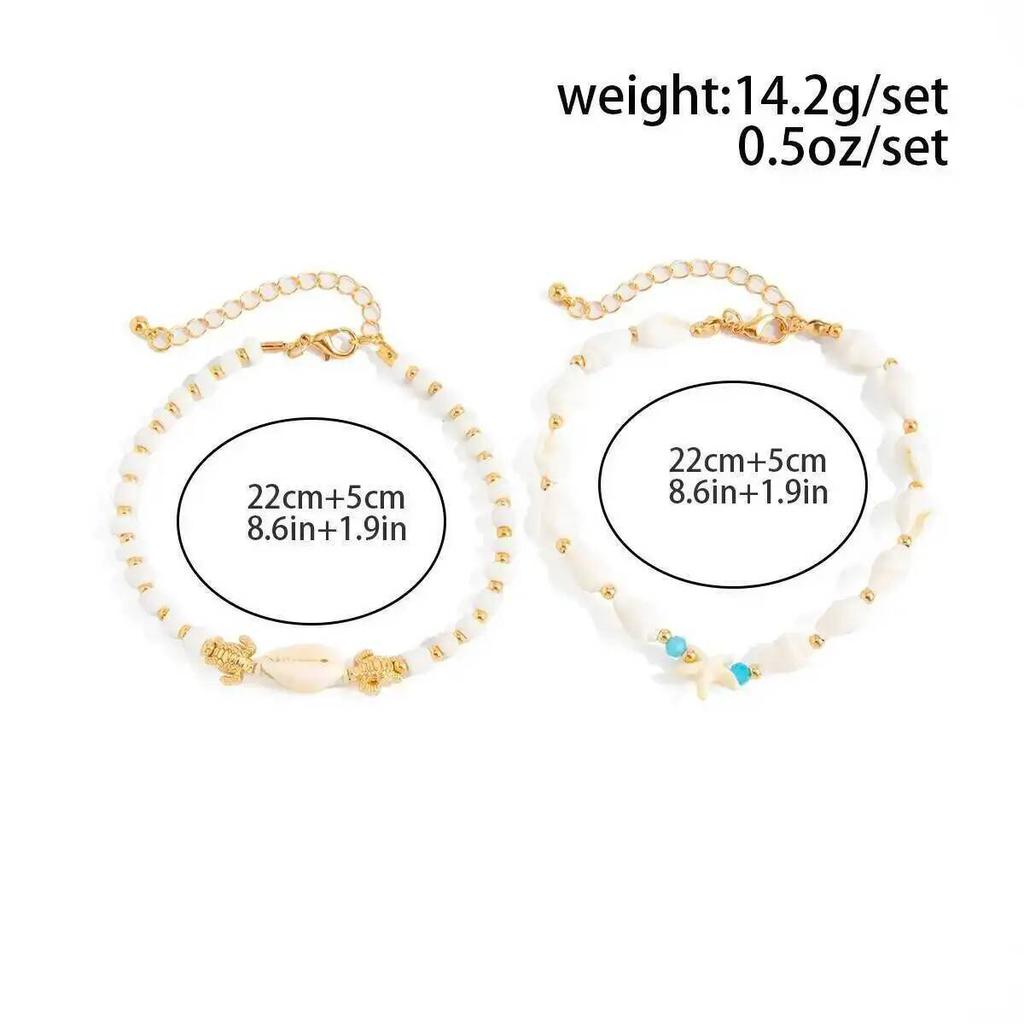 SHIXIN 2Pcs/Set New Bohemia Starfish Conch Anklet Women Vintage Resin Bead Leg Chain Summer Beach Party Barefoot Sandal Jewelry