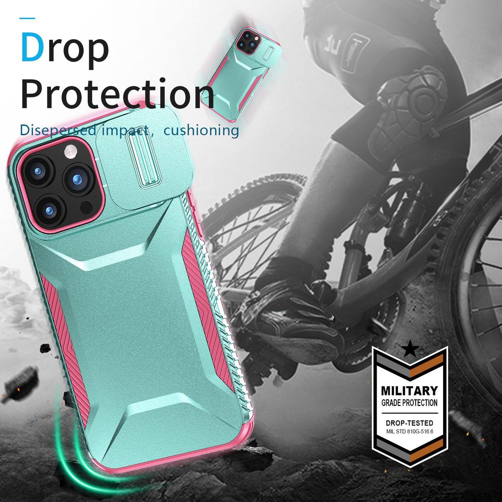 Für iPhone 15 Pro Hülle Rutschfeste PC+TPU Handyhülle mit Schiebekameraabdeckung