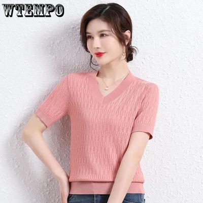 Summer Middle Aged Mother's Women's Knitted T-shirt V-neck Solid Color Ice Silk Short Sleeve Loose Thin Top