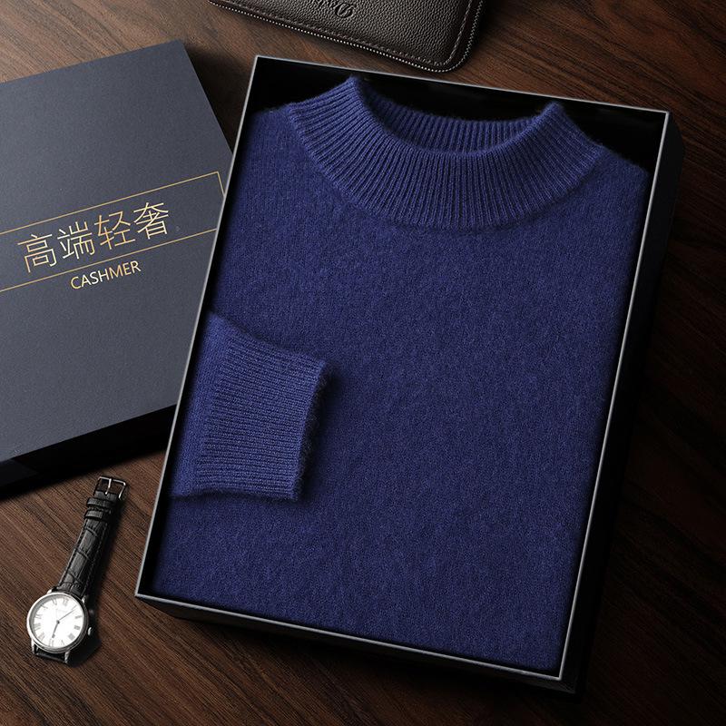 Men's Double-Thick Lamb Cashmere Sweater, Solid Color, Round Neck, Autumn/Winter Base Layer.