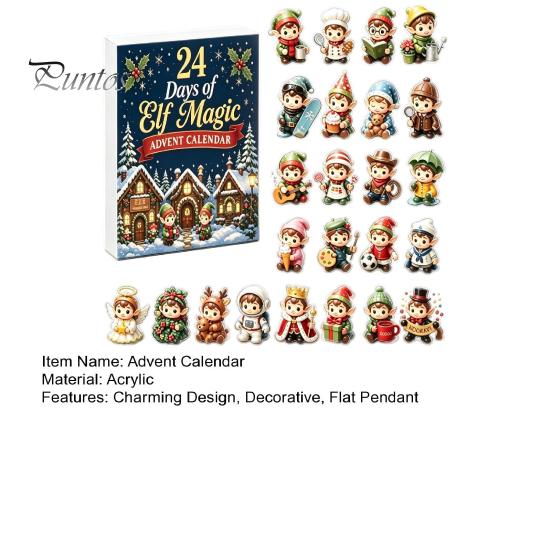2D Acrylic Christmas Ornaments Magic Elf Advent Calendar, 24 Day Ornament Set with Desktop Festive Holiday Decor Cute Mini Figures, Tree Hanging
