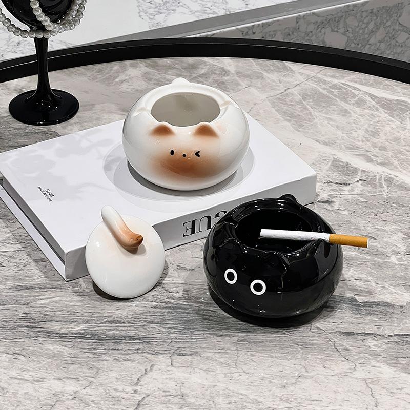 Cute Siamese cat ashtray desktop anti fly ash with cover living room office ceramic ashtray ornament ceramic ashtray with lid