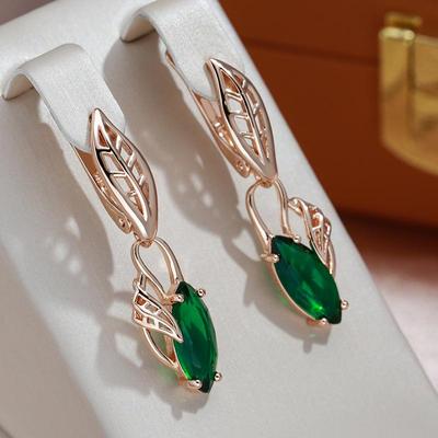 עגילי טיפת עלים אלגנטיים עם תכשיטי מסיבת חתונה וינטג' לנשים בזרקון ירוק