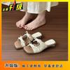 Bow flat bottom one-word slippers 2025 summer new French square head versatile fairy style sandals summer wear