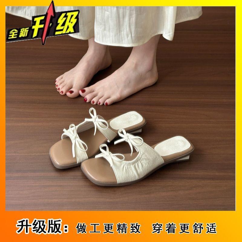 Bow flat bottom one-word slippers 2025 summer new French square head versatile fairy style sandals summer wear