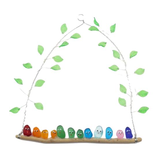 Colorful Bird Perch Seaglass Decoration Handmade Sea Glass Multicolor Bird on Branch Wall Art Sea Glass Artwork Wall Hanging Ornament