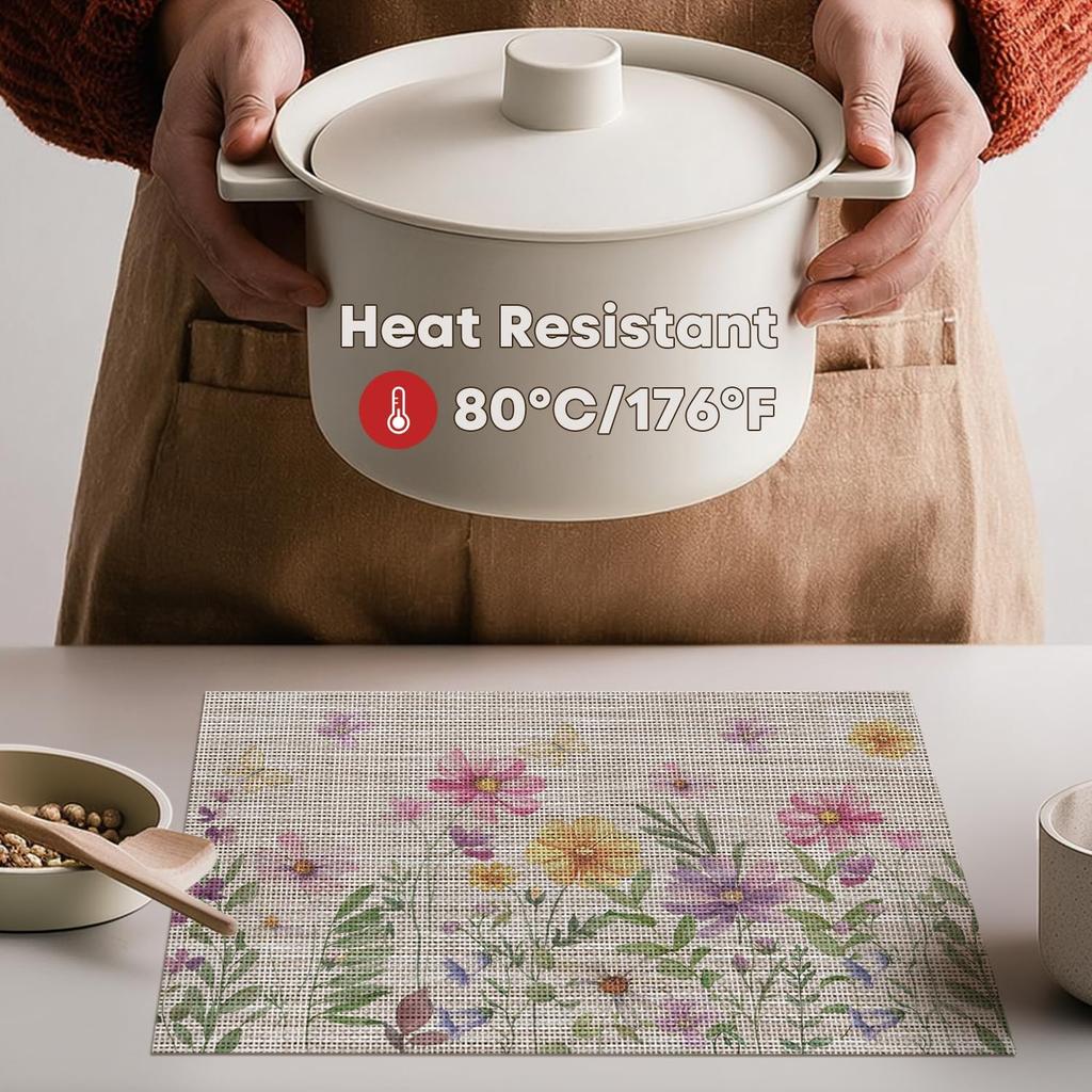 Daisy Butterfly Wild Flower Spring Placemats Set of 4, 12x18 Inch Seasonal Holiday Table Mats for Party Kitchen Dining Decoration
