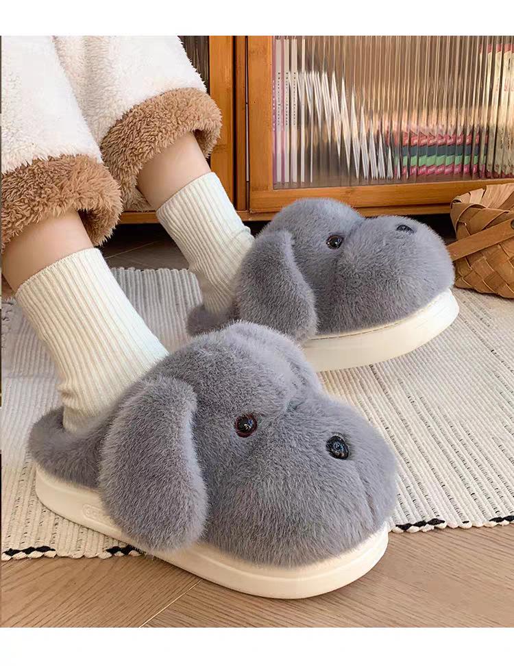 2025 Dámské roztomilé plyšové bavlněné pantofle s pejskem - Hřejivé, protiskluzové vnitřní zimní boty do studentských kolejí