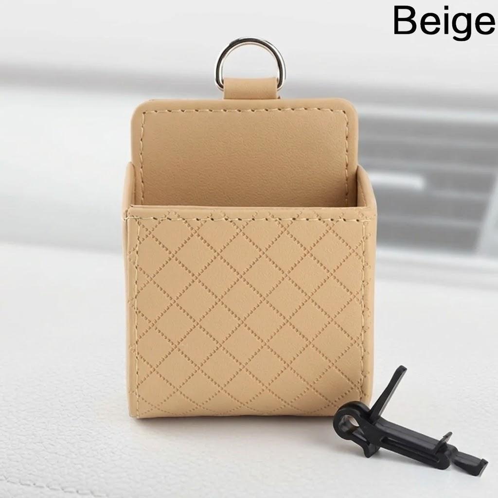 

Universal Car Phone Holder Bag Leather Auto Vent Trash Case Organizer Pouch for Mobile Phone Storage бежевий