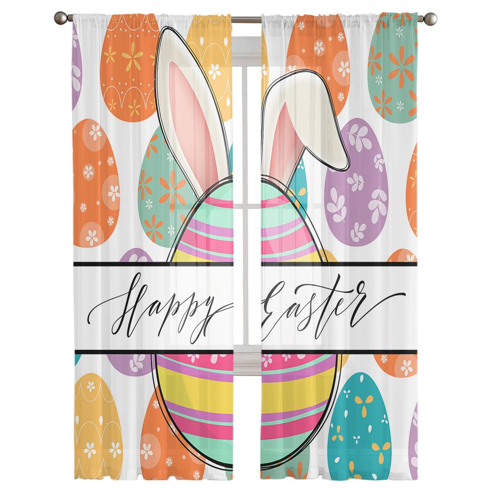 Easter Egg Texture Rabbit Ears Tulle Curtains For Living Room Bedroom Voile Sheer Curtain Window Home Decor Drapes