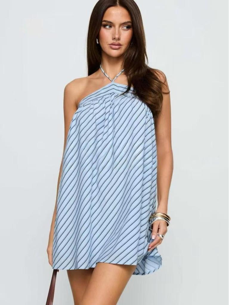 Women's Striped Halter Backless Dress - Spicy European and American Holiday Beachwear