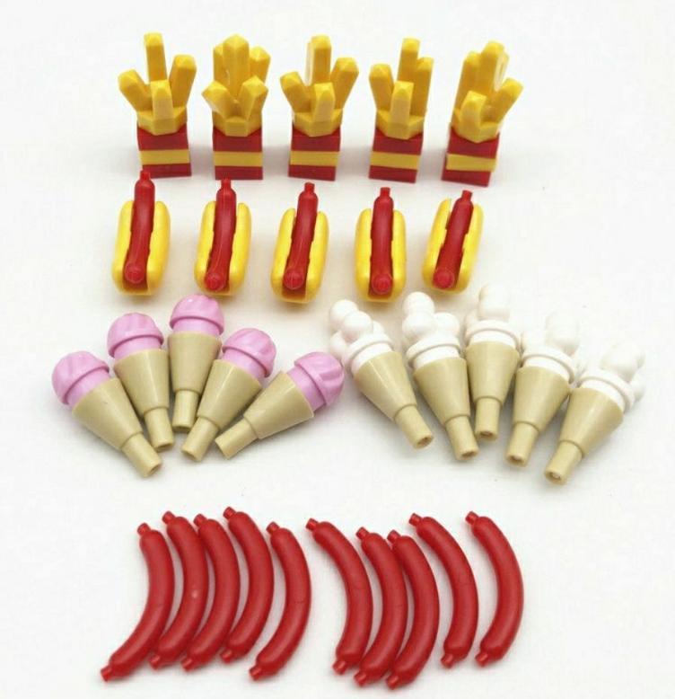 Food Building Blocks City Friend Accessories Bread Chips Roast Chicken Pizza Hot Dog Fish Fruit Carrot Basket Classic MOC Bricks