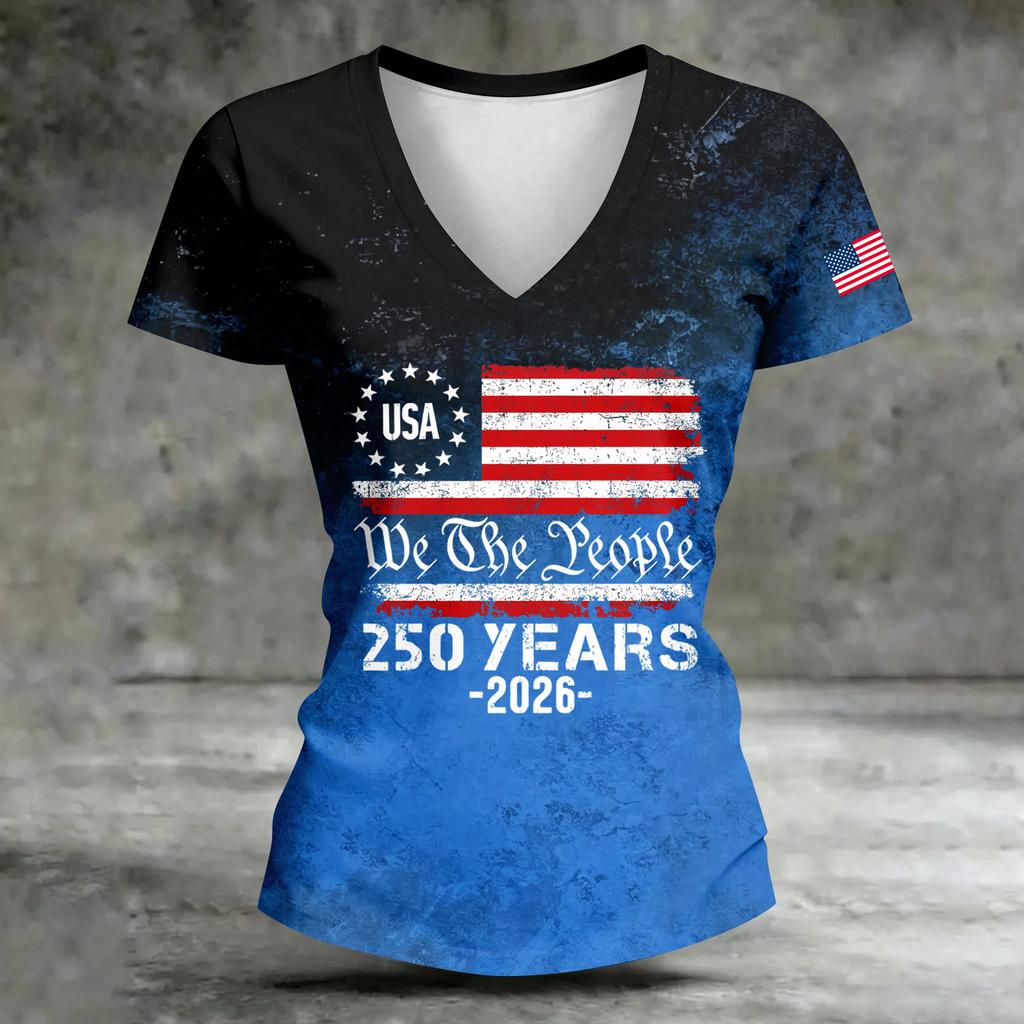 Women's V-Neck Short Sleeve T-Shirt - Anniversary 1776-2026 Letter Print, Casual Summer Top Tee