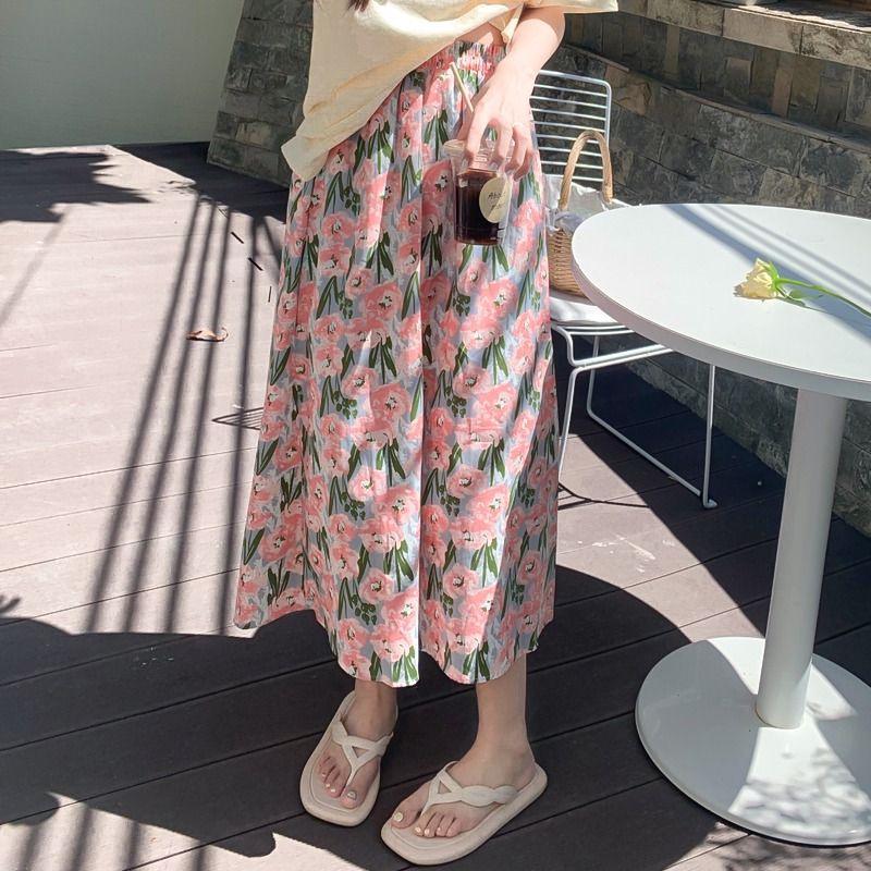 

Summer 2025 French Style Floral Chiffon Midi Skirt - High Waist, Slimming, A-Line Design Small