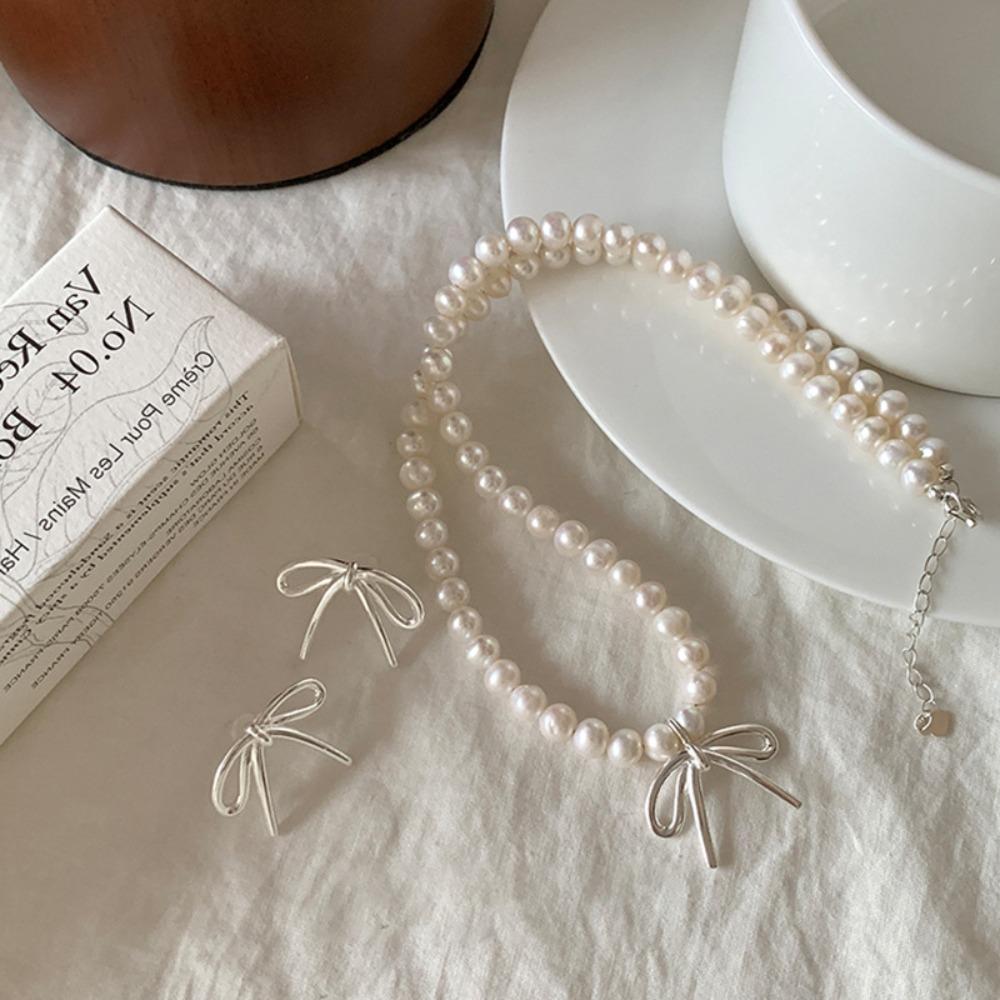 Bows Pearl Necklace Simple Simple Bow Accessories New Retro Simple Bow Earrings