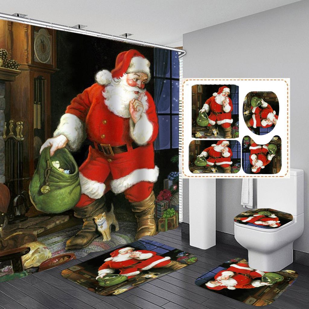 Merry Christmas Bathroom 4Pcs Set Snowman Santa Claus Pattern Waterproof Shower Curtain Toilet Cover Mat Non Slip Rug Home Decor