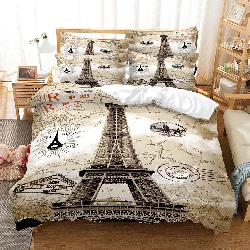 Eiffeltårnet Dynetrekk Set King/Queen Size Paris Theme Sengetøysett Jenter Tenåringer,Famous French Grey Byscape Style Dynetrekk