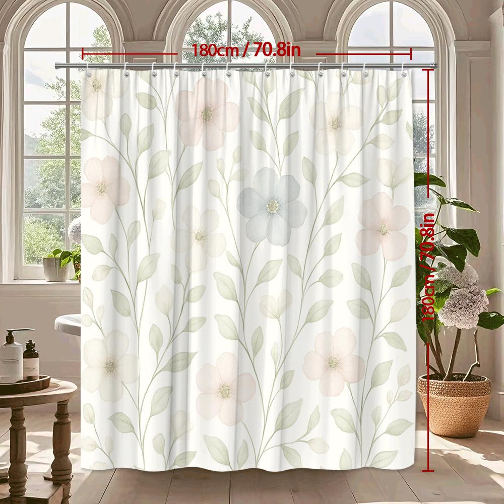Soft Pastel Flower Shower Curtain Delicate Blooms Green Leaves Minimalist Nature Design Elegant Bathroom Decor Waterproof
