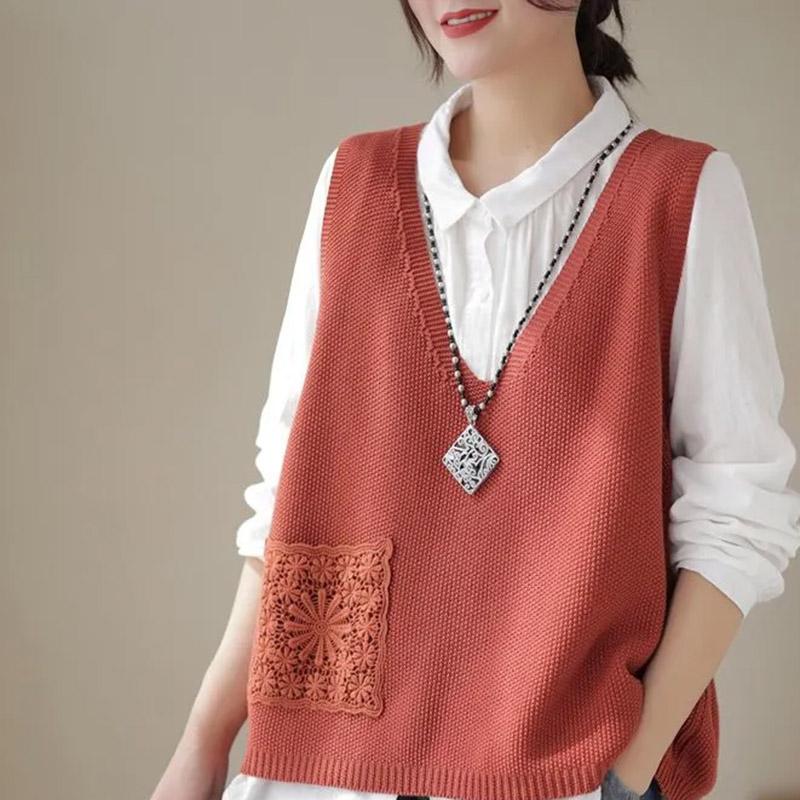 Vest for Women Cotton Summer Lace-Up Pocket Tops Knitted Sweater Vest Oversize Casual V-neck Vest