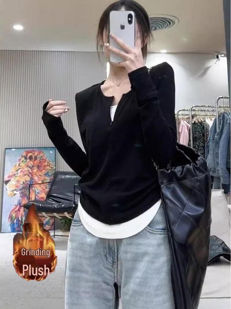 New Women's Long Sleeve Fake Two-Piece T-shirt for Autumn and Winter