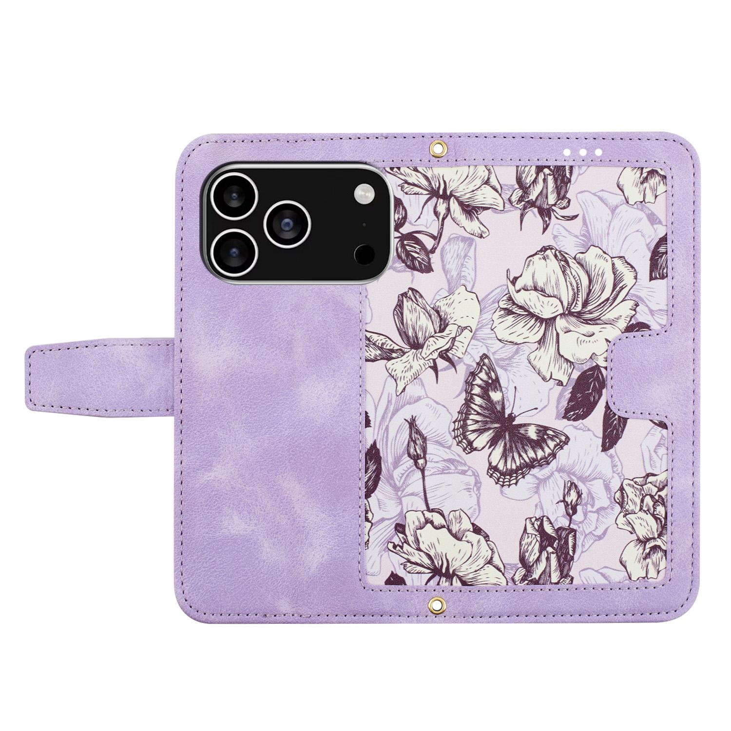 

For iPhone 17 Pro Case PU Leather Floral Phone Cover with Card Slots Pink