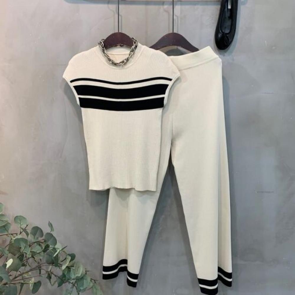 C S In The Room Fru lIne Cap Sleeve Knit bandIng Wide pantS Set 2Color