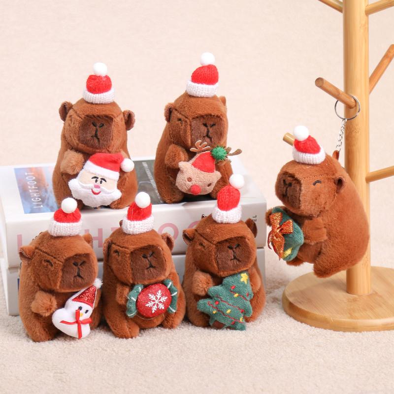 Lovely Christmas Capybara Pendant Plush Keychain Cute Soft Stuffed Doll Toy Backpack Hanging Decoration New Year Gift