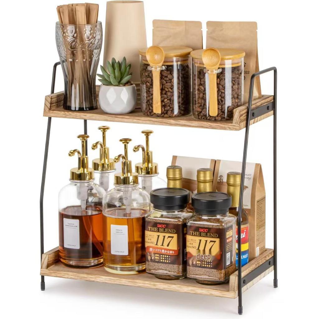 Wood and Iron Double-Layer Desktop Organizer and Spice Rack