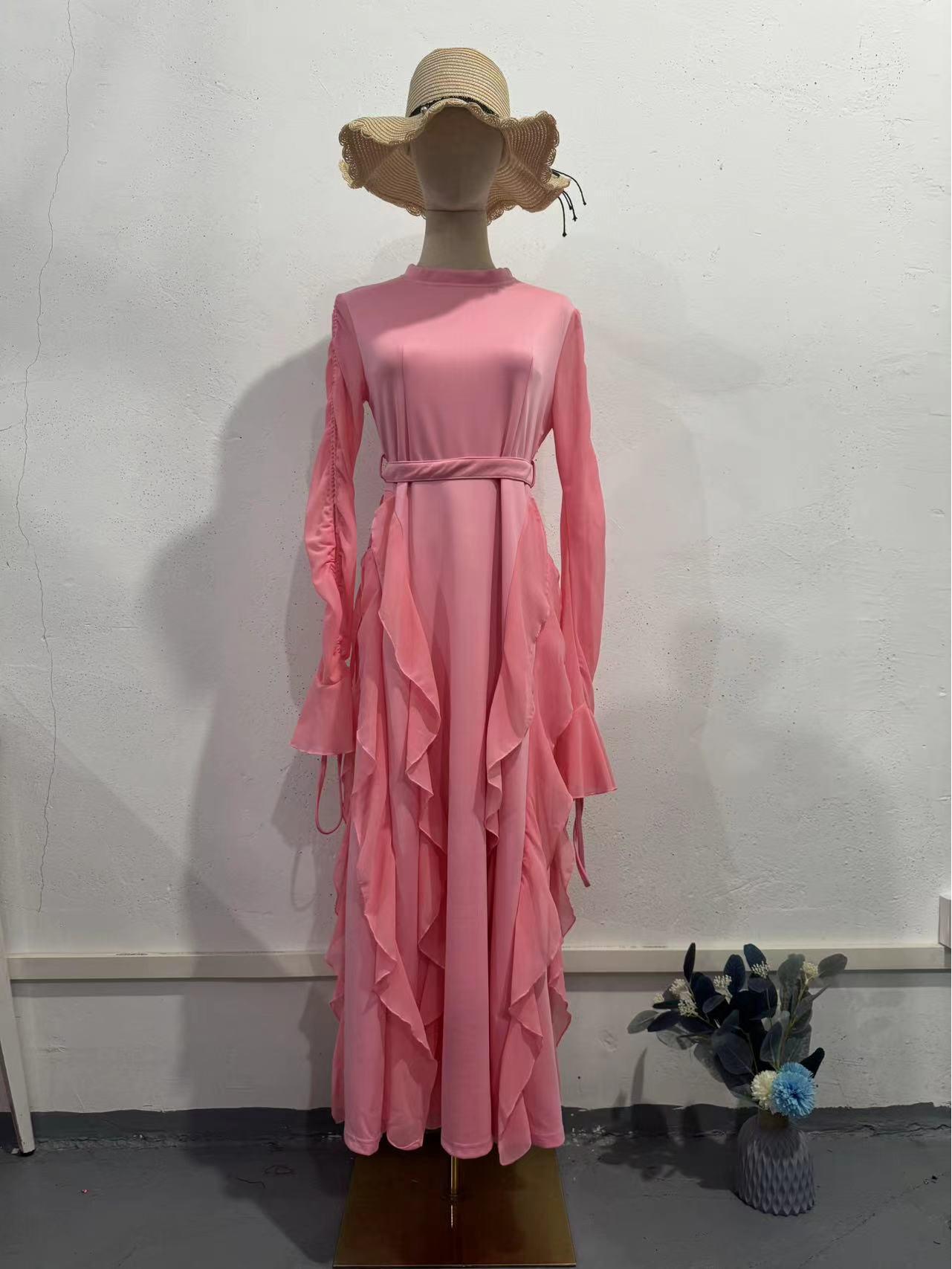 

Весна 2025 Шифоновое платье с оборками и полувысоким воротником XL розовый