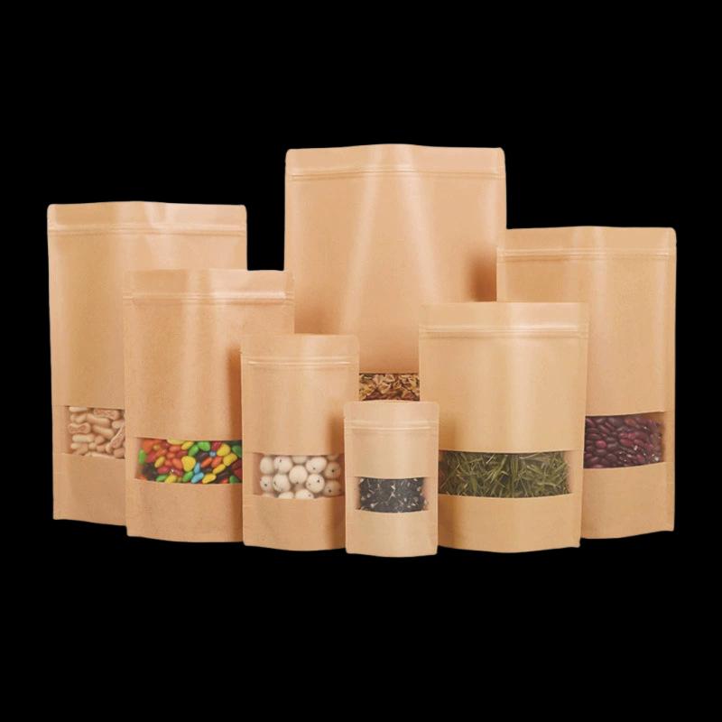 50 Stück Standbodenbeutel aus Kraftpapier mit Sichtfenster und wiederverschließbarem Reißverschluss für Kaffee, Tee, Nüsse, Süßigkeiten, Snacks, Lebensmittelverpackung, Aufbewahrung, Großpackung
