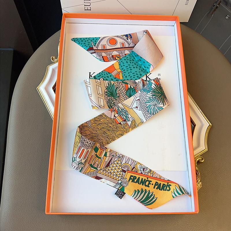 Silk scarf headband summer simulation silk silk scarf women s small scarf decorative scarf animal ecological city printing small streamer 90cm