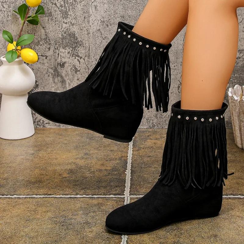 Tassel Low Heel Flat with Modern Boots Zip Round Toe Solid Female Shoes on Sale 2025 Fashion Spring/autumn New Women's Boots