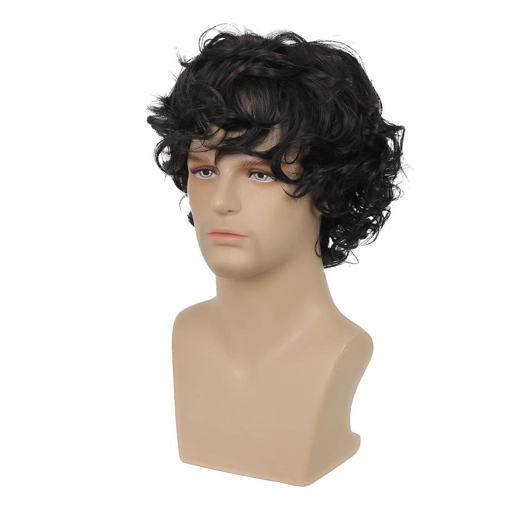 Synthetic Men Hair Fluffy Wigs With Bangs Black Brown Short Curly Layered Wig for Daily Party Heat Resistant Wigs
