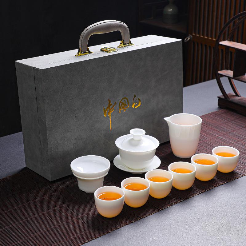 Suet Jade White Porcelain Tea Set Light Blue Gift Box China White Kung Fu Tea Set Business Gift