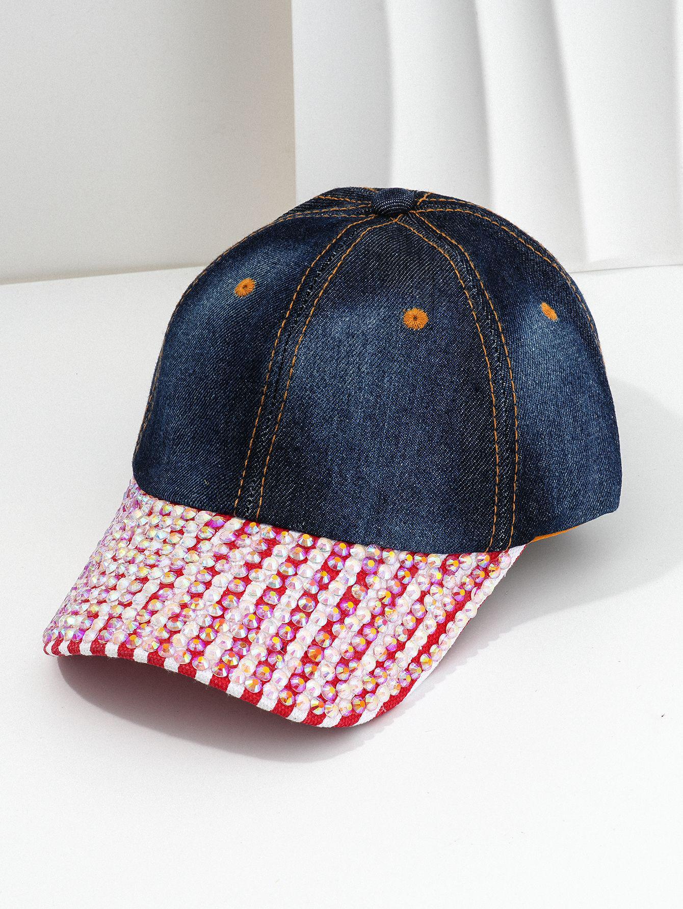 

Унисекс джинсовая шляпа в клетку с красно-белыми полосками и жемчужными акцентами - Идеально подходит для пеших прогулок или ужина. M (56-58cm) темно-синий