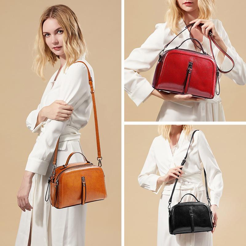 New leather fashion portable small square bag oil wax cowhide large capacity shoulder crossbody Guangzhou women's bag