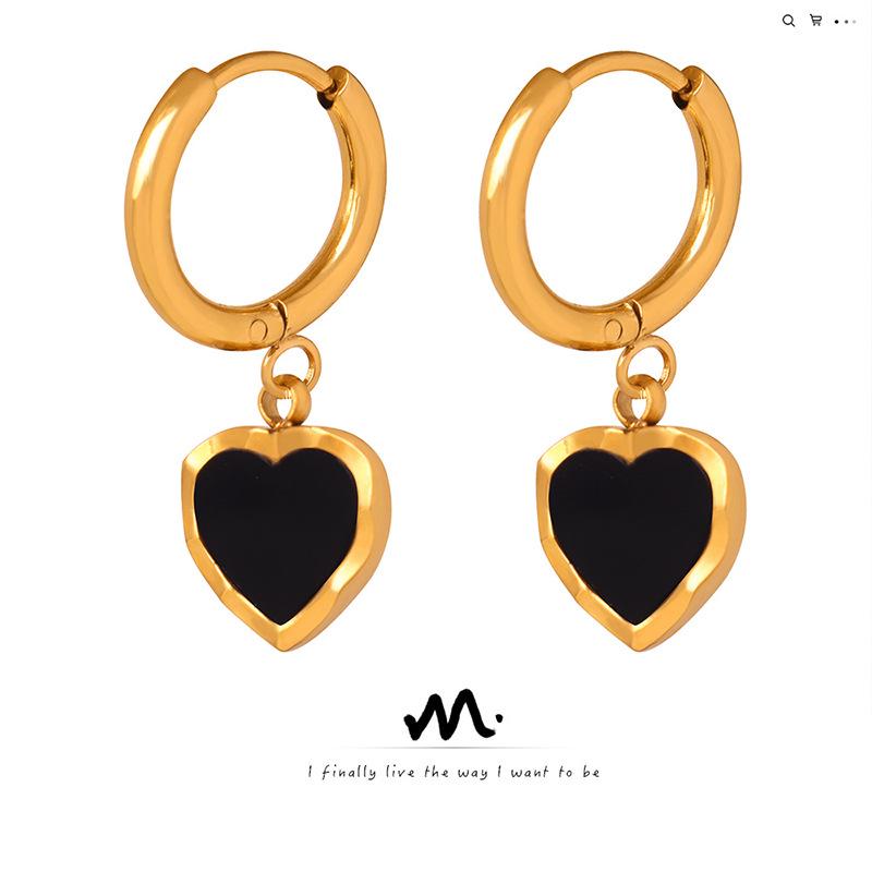 

Elegant Black Drip Glaze Heart Earrings with Gold-Plated Titanium Steel - Unique Design for Women
