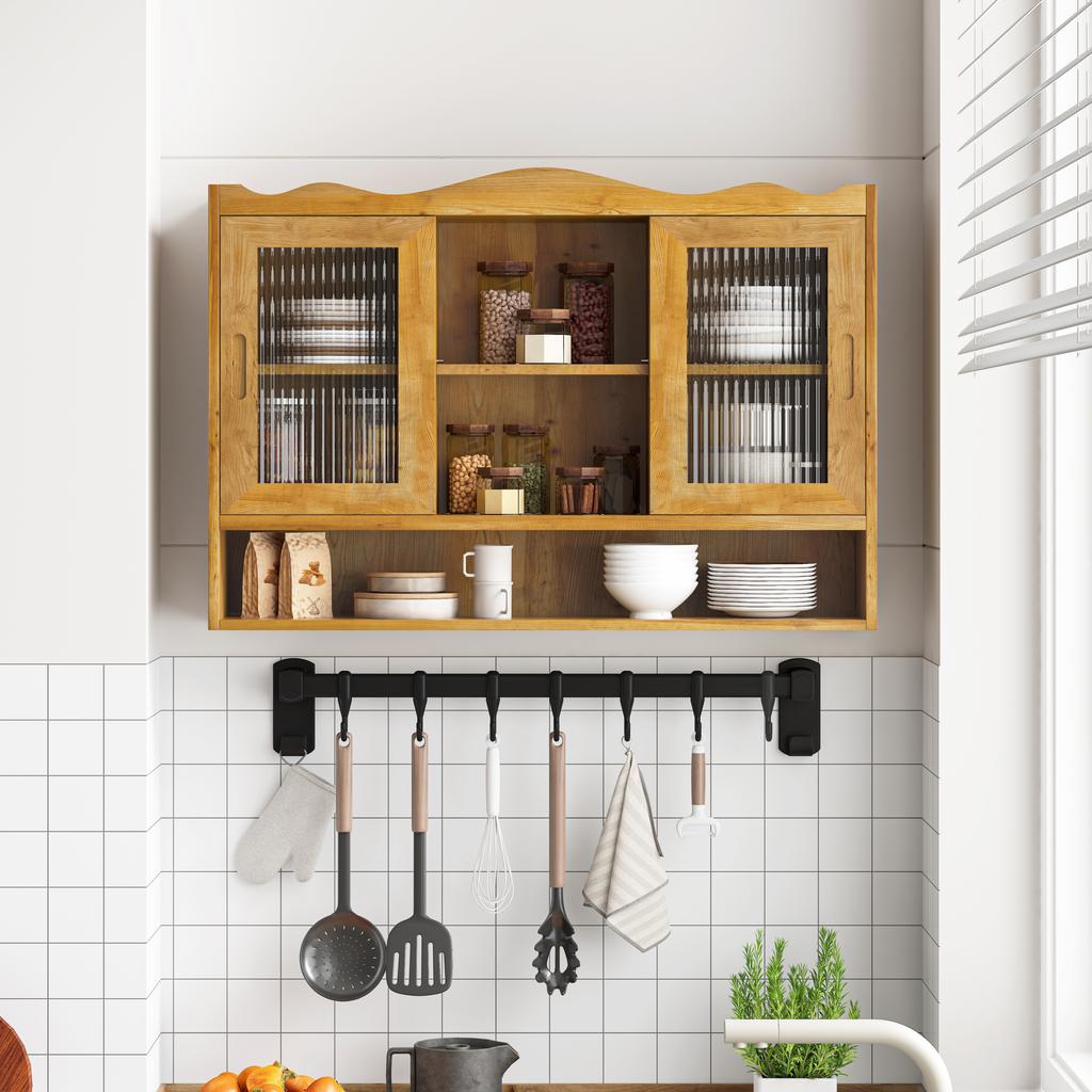 90CM Retro 2 Door Sliding Cabinet Three Layers of Storage Space,Suitable for Bathrooms,Kitchens,Dining Rooms,Natural