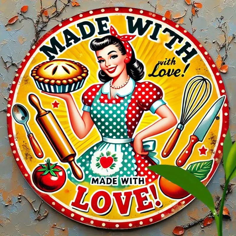 Vintage Made with Love Metal Sign x cm Rustic Wall Art Featuring Charming Baker in Red White PolkaDot Dress I