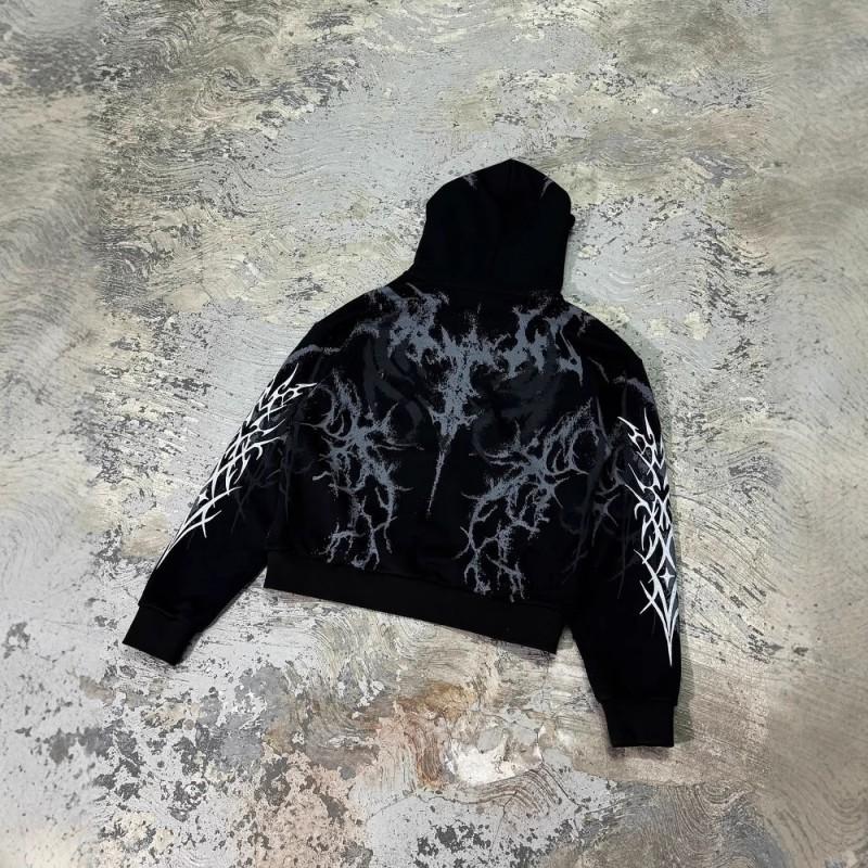 Oversized Gothic Vintage Hooded Sweatshirt With Rhinestone Print Long Sleeve Zip-Up Women